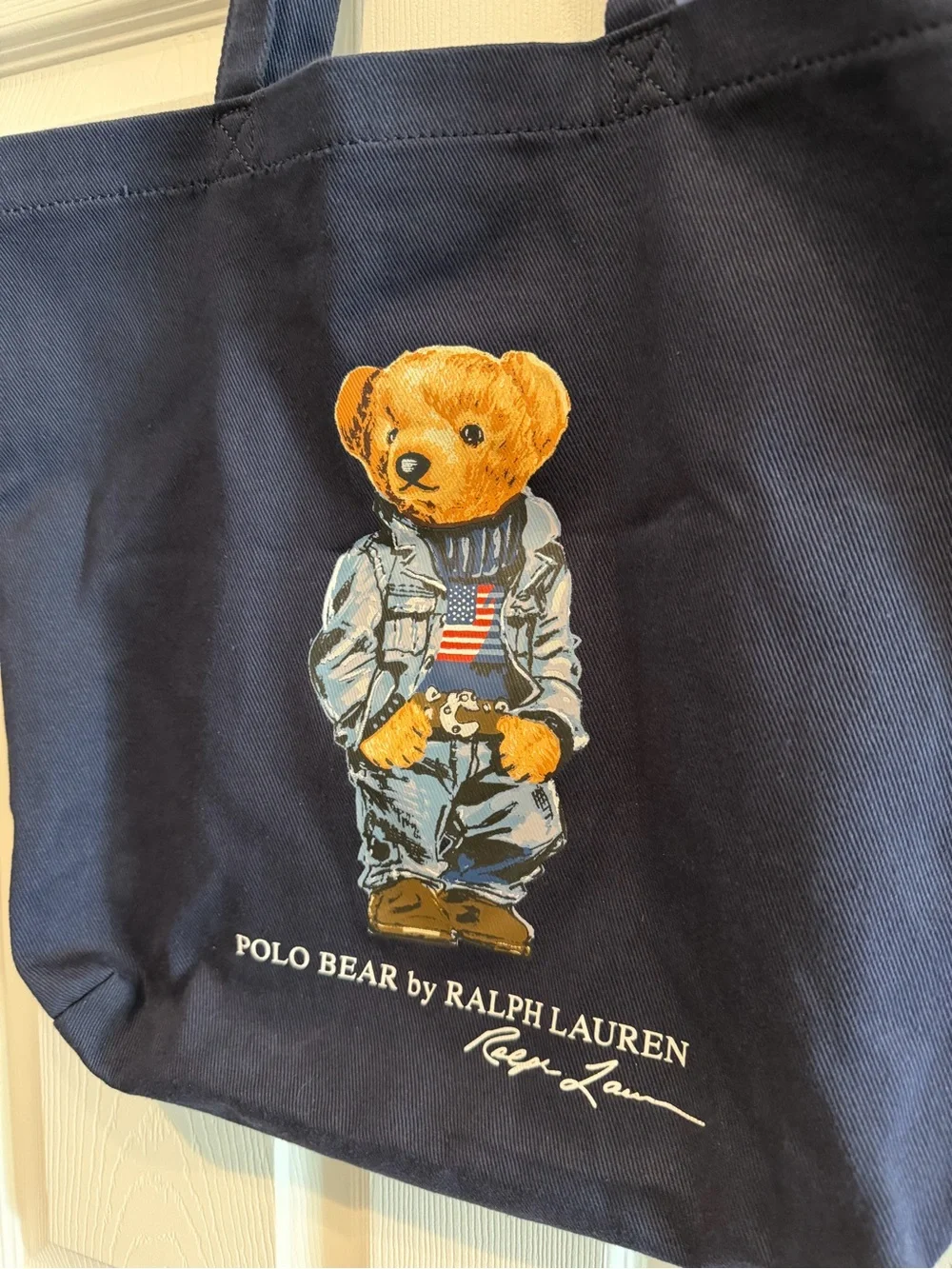 Ralph Lauren Navy Canvas Tote with USA Flag Polo Bear Graphic - Picture 3 of 6